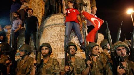 Turkish soldiers secured the area in Istanbul?s Taksim Square, while supporters demonstrated.
