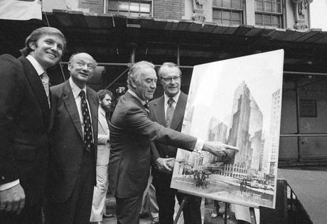 ADVANCE FOR WEDNESDAY, JULY 13, 2016, AT 12:01 A.M. EDT AND THEREAFTER - FILE - In this June 28, 1978, file photo, New York Gov Hugh Carey points to an artists' conception of the new New York Hyatt Hotel/Convention facility that will be build on the site of the former Commordore Hotel, June 28, 1978. At the launching ceremony are, from left: Donald Trump, son of the city developer Fred C. Trump; Mayor Ed Koch of New York; Carey; and Robert T. Dormer, executive vice president of the Urban Development Corp. (AP Photo)
