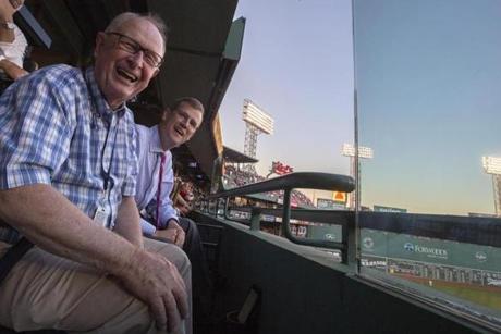 Boston, Ma-July 5, 2016-Sam Kennedy, Red Sox president with his Dad, Rev. Thomas Kennedy at Fenway Park. 
