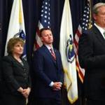 Mass. Governor Charlie Baker was joined by (left to right) MBTA Chief Operating Officer Jeff Gonneville, Secretary of Transportation Stephanie Pollack, and MBTA acting GM Brian Shortsleeve at a state house press conference Wednesday. 