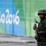 A member of Brazil?s armed forces stood guard outside the Olympics Park in Rio de Janeiro Thursday.
