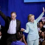 Hillary Clinton and her running mate, US Tim Kaine of Virginia, during a rally at Florida International University in Miami on Saturday.