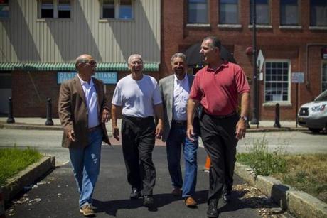 From left: Jim DiReda, Jack Maroney, Hank Grosse, and Rob Pezzella strolled along Shrewsbury Street in Worcester?s East Side.
