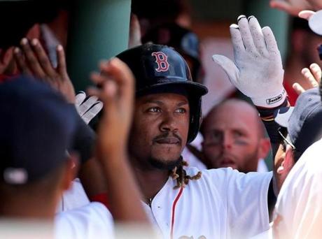 BOSTON, MA - JULY 24: Hanley Ramirez #13 of the Boston Red Sox celebrates a three-run home run in the third inning with teammates against the Minnesota Twins as Tommy Milone #33 of the Minnesota Twins reacts at Fenway Park on July 24, 2016 in Boston, Massachusetts. (Photo by Jim Rogash/Getty Images)
