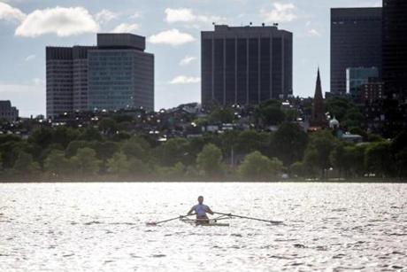 Olympic rower Gevvie Stone of Newton trained on the Charles River recently.
