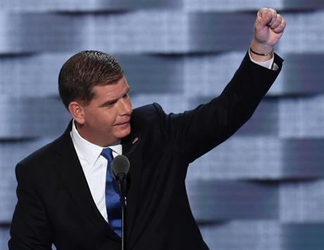 Marty Walsh, Mayor of Boston, gestures during Day 1 of the Democratic National Convention at the Wells Fargo Center in Philadelphia, Pennsylvania, July 25, 2016. / AFP PHOTO / SAUL LOEBSAUL LOEB/AFP/Getty Images
