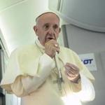 Pope Francis speaks to journalists on board the flight from Krakow, Poland, to Rome, at the end of his 5-day trip to southern Poland, Sunday, July 31, 2016. Francis announced that the next World Youth Day will take place in Panama in 2019. (Filippo Monteforte/Pool Photo via AP)