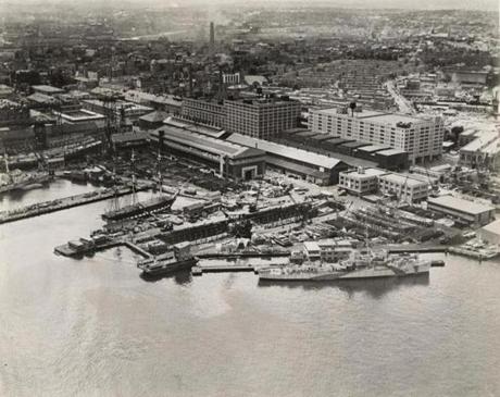 An aerial view of the dry docks at the Boston Navy Yard in 1946.
