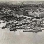 An aerial view of the dry docks at the Boston Navy Yard in 1946.