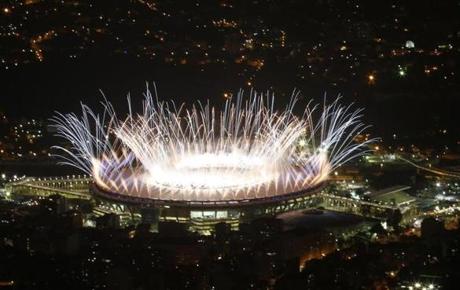 Fireworks go off at the start of the Opening Ceremony of the Rio 2016 Olympic Games at the Maracana Stadium on Aug. 5.
