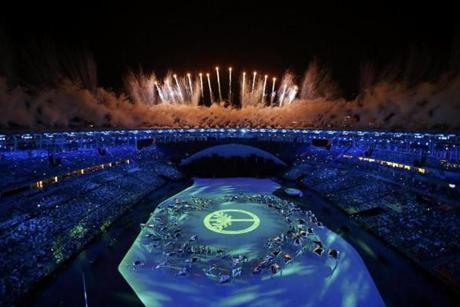 Fireworks explode during the Opening Ceremony.. 

