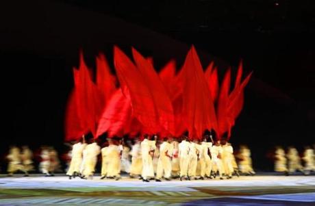 Performers dance at the Geometrization: Arrival of The Arabs and the Orient during the Opening Ceremony of the Rio 2016 Olympic Games at Maracana Stadium.
