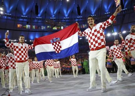 Croatian athletes hold their national flag during the Opening Ceremony.
 
