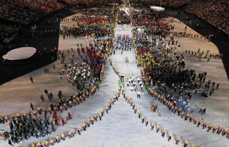Athletes are introduced during the opening ceremony at the 2016 Summer Olympics in Rio de Janeiro.
