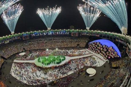 This Olympic rings displayed by the Brazilian delegation during the Opening Ceremony.

