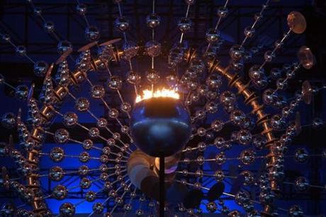The Olympic Cauldron is lit during the Opening Ceremony of the Rio 2016 Olympic Games.
