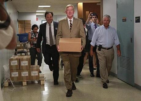 Bringing the signatures in person was the latest act of political theater from former Mass. governor William Weld. 
