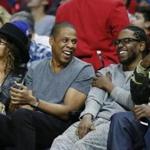 From left: Beyoncé, Jay Z,  Kendrick Lamar, and Anthony ?Top Dawg? Tiffith at an LA Clippers game in February.