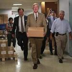 William Weld delivered petitions to the secretary of state?s office Monday to put the Libertarian Party on the Massachusetts ballot. Weld, a former governor, is running for vice president on the ticket.