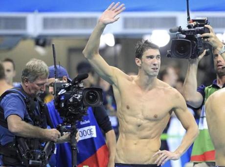 2016 Rio Olympics - Swimming - Final - Men's 4 x 100m Medley Relay Final - Olympic Aquatics Stadium - Rio de Janeiro, Brazil - 13/08/2016. Michael Phelps (USA) of USA reacts. REUTERS/Dominic Ebenbichler FOR EDITORIAL USE ONLY. NOT FOR SALE FOR MARKETING OR ADVERTISING CAMPAIGNS. 

