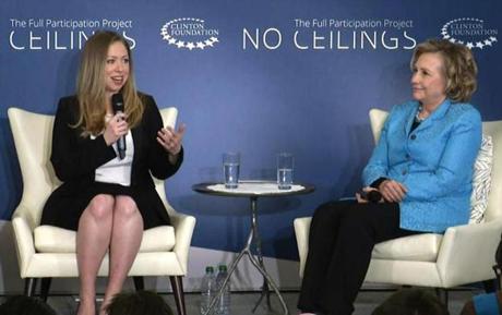 In this image taken from video, Chelsea Clinton, left, speaks to the audience as she co-hosts ?Girls: A No Ceilings Conversation,? with her mother, former Secretary of State Hillary Rodham Clinton, in New York, Thursday, April 17, 2014. The daughter of former president Bill Clinton and the former Secretary of State announced at the event that she is pregnant with her first child at the Clinton Foundation event. (AP Photo/Ted Shaffrey)
