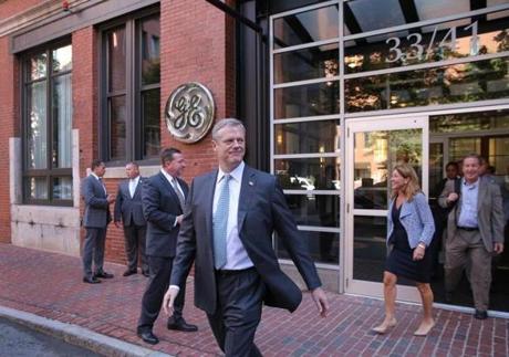 Governor Baker left the entrance to GE on Monday. 
