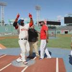 IMAGE DISTRIBUTED FOR LEGO® SYSTEMS, INC. - In this image released on Wednesday, Aug. 31, 2016, Boston Red Sox designated hitter David Ortiz checks out his life-size LEGO likeness built by LEGO Master Builder Jeff Rushby (left) on home plate at Fenway Park in Boston. Made from more than 34,500 bricks, the model is admired by Big Papi's son, D'Angelo Ortiz from afar. (Damian Strohmeyer/AP Images for LEGO® Systems, Inc.)