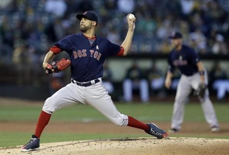 Boston Red Sox pitcher David Price works against the Oakland Athletics during the first inning of a baseball game Friday, Sept. 2, 2016, in Oakland, Calif. (AP Photo/Ben Margot)
