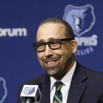 David Fizdale speaks at a news conference where he is introduced as the new head coach of the Memphis Grizzlies NBA basketball team Tuesday, May 31, 2016, in Memphis, Tenn. Fizdale was previously the assistant head coach of the Miami Heat. (AP Photo/
