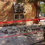 Stonework littered the sidewalk outside an empty jewelry store in Pawnee, Okla., after a 5.6 earthquake struck near the town. 