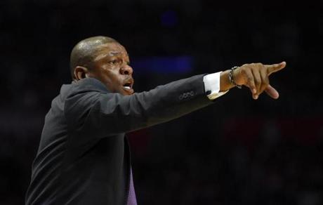 Los Angeles Clippers coach Doc Rivers gestures during the first half in Game 2 of the team's first-round NBA basketball playoff series against the Portland Trail Blazers, Wednesday, April 20, 2016, in Los Angeles. (AP Photo/Mark J. Terrill)
