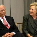 Former U.S. Secretaries of State Colin Powell (L) and Hillary Clinton (R) listen to remarks at a groundbreaking ceremony for the U.S. Diplomacy Center at the State Department in Washington September 3, 2014. REUTERS/Jonathan Ernst/File Photo 