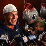 Foxboro Ma 09082016 New England Patriots player #87 Rob Gronkowski (cq) talks with the media about this weeks upcoming game. Globe/Staff Photographer Jonathan Wiggs