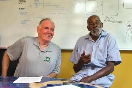 Boston, MA--9/6/2016--Ray Flynn (cq) and Mel King (cq) talk about their friendship and collaboration to teach schoolchildren about democracy and civic engagement, on Tuesday, September 6, 2016. Photo by Pat Greenhouse/Globe Staff Topic: 09walkerFlynnKing Reporter: Adrian Walker
