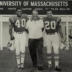 Larry Garron (left) and Gino Cappelletti flank the Patriots? first PR man, Gerry Moore, during a pre-season training camp in the early 1960s. 