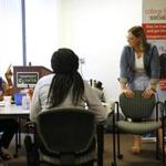 Student Danique Montique (left) spoke to chief program officer Ariel Brooks at the College of Social Innovation.