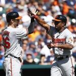 Baltimore Orioles' Michael Bourn (1) celebrates his two-run home run with Caleb Joseph in the third inning of a baseball game against the Detroit Tigers in Detroit, Sunday, Sept. 11, 2016. (AP Photo/Paul Sancya)
