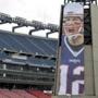A oversized banner of New England Patriots' Tom Brady is attached to the lighthouse at an entrance to Gillette Stadium, Wednesday, Sept. 7, 2016, in Foxborough, Mass. (AP Photo/Steven Senne)