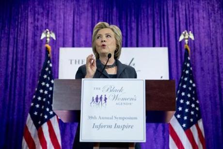 Democratic presidential candidate Hillary Clinton speaks at the Black Women?s Agenda?s 29th Annual Symposium at the Renaissance Washington, D.C. Downtown Hotel, in Washington, Friday, Sept. 16, 2016. (AP Photo/Andrew Harnik)
