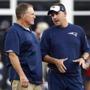 New England Patriots head coach Bill Belichick talks with offensive coordinator Josh McDaniels before a preseason NFL football game against the New Orleans Saints Thursday, Aug. 11, 2016, in Foxborough, Mass. The Patriots won 34-22. (AP Photo/Winslow Townson)