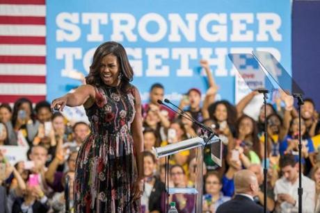 TOPSHOT - US First Lady Michelle Obama campaigns for Democratic presidential candidate Hillary Clinton at George Mason University on September 16, 2016 in Fairfax, Virginia. / AFP PHOTO / ZACH GIBSONZACH GIBSON/AFP/Getty Images
