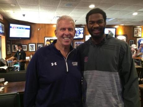Quarterback Jacoby Brissett and Bill Parcells celebrate at Brissett's draft party at Duffy's Sports Grill in Jupiter, Fla. (Courtesy Lisa Brown). Reporter: Ben Volin FOR GLOBE USE ONLY
