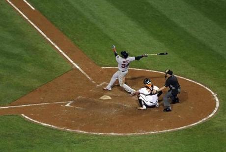Boston Red Sox's David Ortiz (34) watches his three-run home run in front of Baltimore Orioles catcher Matt Wieters and home plate umpire Mike Everitt in the seventh inning of a baseball game in Baltimore, Tuesday, Sept. 20, 2016. (AP Photo/Patrick Semansky)
