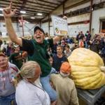 09/28/2012 TOPSFIELD, MA Ron Wallace (cq) 46 of Greene, RI (cq), celebrates after winning the Giant Pumpkin Contest (cq) held at the Topsfield Fair. (cq) His pumpkin weighed 2009 pounds. (Aram Boghosian for The Boston Globe)