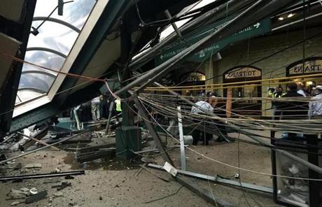 HOBOKEN, NJ - SEPTEMBER 29: The roof collapse after a NJ Transit train crashed in to the platform at the Hoboken Terminal September 29, 2016 in Hoboken, New Jersey. (Photo by Pancho Bernasconi/Getty Images)
