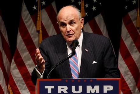 Former New York Mayor Rudy Giuliani delivers remarks before Republican presidential nominee Donald Trump rallies with supporters in Council Bluffs, Iowa, U.S. September 28, 2016. REUTERS/Jonathan Ernst
