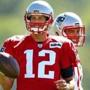 Foxborough-08/05/2016-The New England Patriots held their 2nd day of training camp at the practice fields of Gillette Stadium. Tom Brady and Jimmy Garoppolo share a laugh during passing drills. Boston Globe staff photo by John Tlumacki(sports)