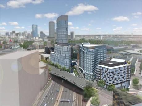 The proposed Fenway Center project above and alongside the Massachusetts Turnpike. (The Architectural Team)
