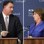 FILE - In this Tuesday Oct. 19, 2010, file photo, Democrat U.S. Rep. Carol Shea-Porter, right, and Republican Frank Guinta spar during a debate at New England College in Henniker, N.H. Guinta won the election that year, two years later Shea-Porter won the election and unseated Guinta. In 2014 the two face each other for a third time, the 1st Congressional District is starting to resemble a best-of-three ping-pong tournament, with voters bouncing back and forth. (AP Photo/Jim Cole)