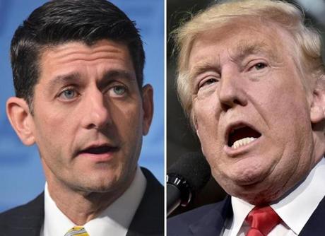 This combination of photos shows Republican presidential nominee Donald Trump(R) on October 10, 2016 and Speaker of the House Paul Ryan, R-WI, on June 22, 2016. US House Speaker Paul Ryan, the nation's top elected Republican, told lawmakers October 10, 2016 he will no longer 